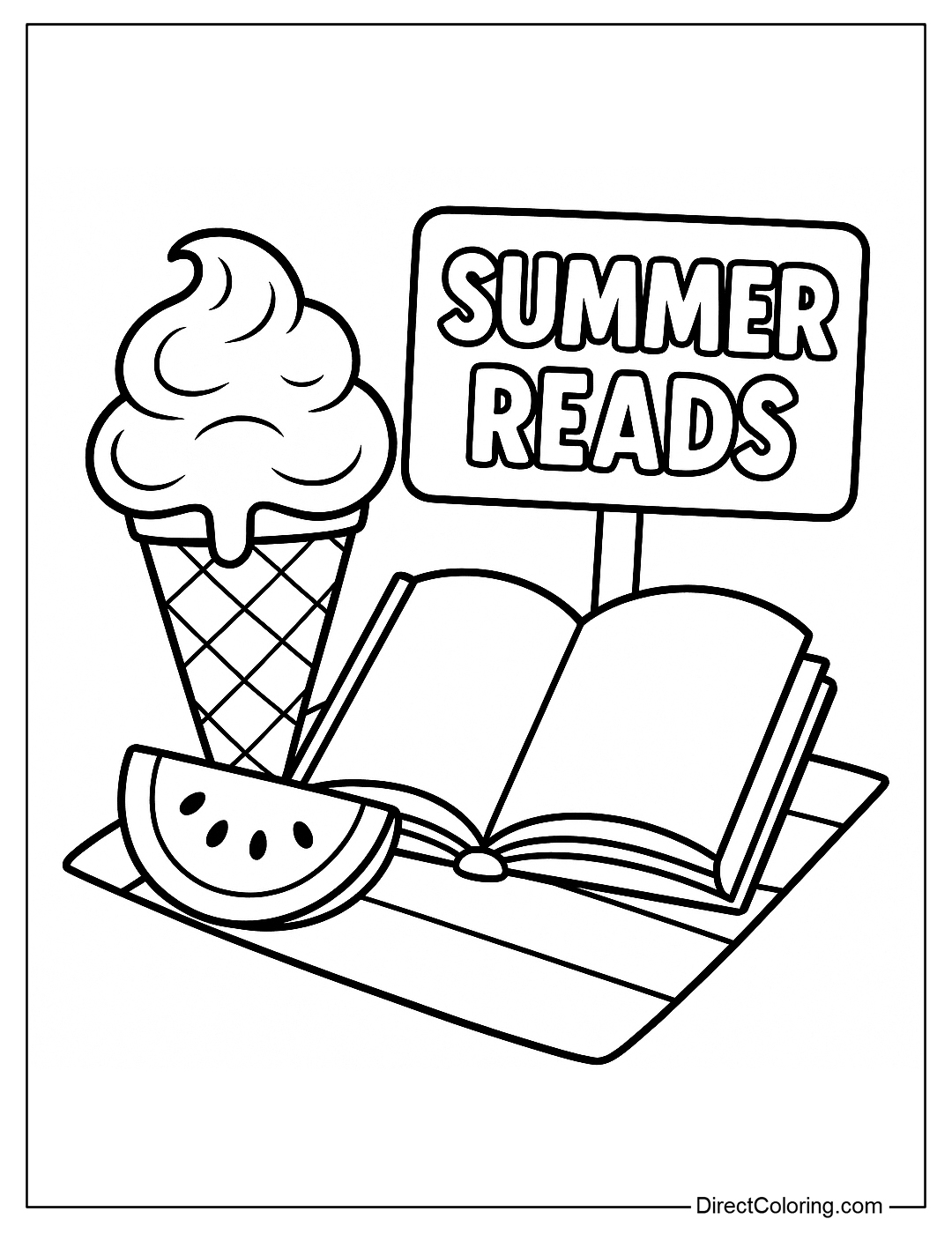 Coloring page of an ice cream cup next to a small book, with the sign 